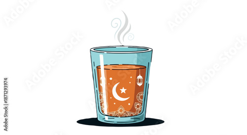 Warm Ramadan Tea Glass Illustration with Islamic Crescent Moon, Star, and Lantern Design for Festive Celebrations