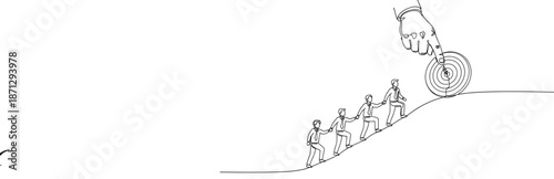 Leadership and Goal Guidance Concept with Hand Pointing Target and People Climbing Uphill Line Art Vector Illustration for Success, Motivation, and Business Strategy Themes