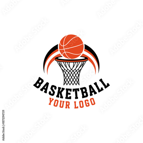 Dynamic basketball logo featuring a basketball propelled towards a net with