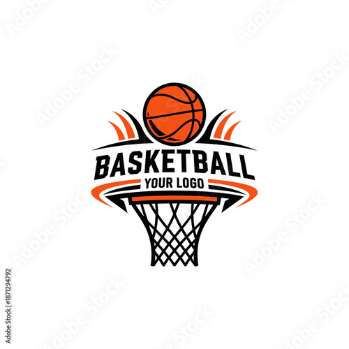Dynamic basketball logo with hoop and flame accents for sports branding