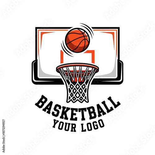 Dynamic basketball logo featuring a floating ball and vibrant hoop design for
