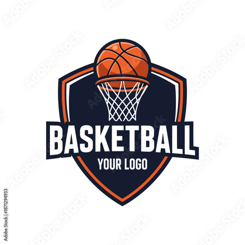 Dynamic basketball logo featuring a vibrant orange ball and modern shield