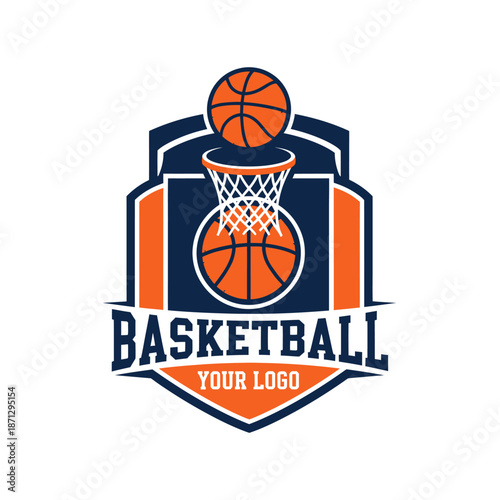 Dynamic basketball logo featuring a creative shield emblem with bouncing balls