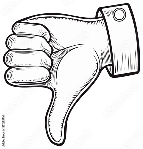 Classic vintage drawing of a hand with thumb down indicating rejection dislike negative feedback