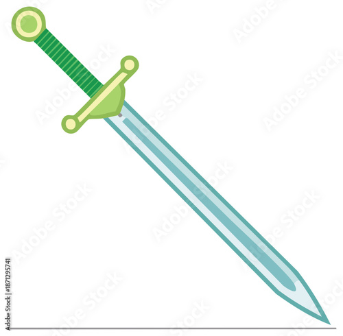 Vector illustration of a classic cartoon sword with a vibrant green handle and blue blade