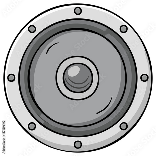Cartoon illustration of a gray speaker with a circular frame