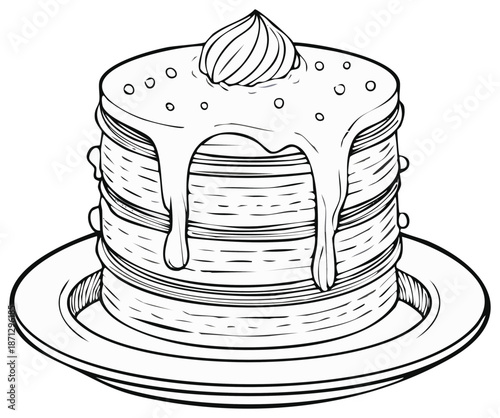 Stacked breakfast pancakes with dripping syrup and whipped cream on a plate line art