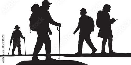 Silhouette of people hiking with backpacks and trekking poles