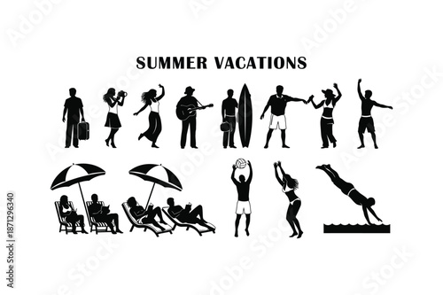Summer vacations silhouette illustrations of people on beach and leisure activities