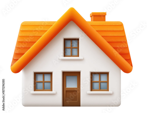 Cartoonish, stylized, 3D house with orange roof.  Simple, colorful, home icon