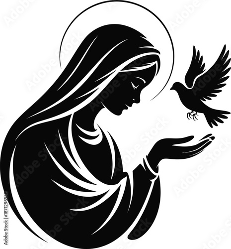 Virgin mary silhouette with dove vector illustration