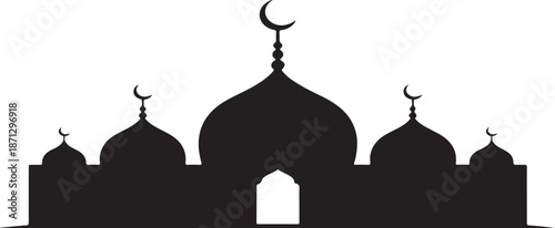 A majestic black silhouette of a mosque with intricate domes, tall minarets, and multiple crescent moons