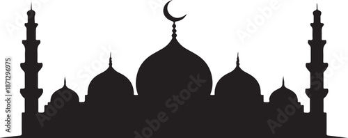 A minimalist black silhouette of a large mosque features minarets, domes, and a single crescent moon