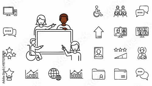 Diverse Team Collaboration and Inclusivity Icons: Business Meeting, Accessibility, Communication, and Success Symbols