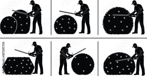 Good Professional gardener trimming garden bushes with electric hedge trimmer, landscaping service worker pruning ornamental shrubs, outdoor maintenance silhouette set for park