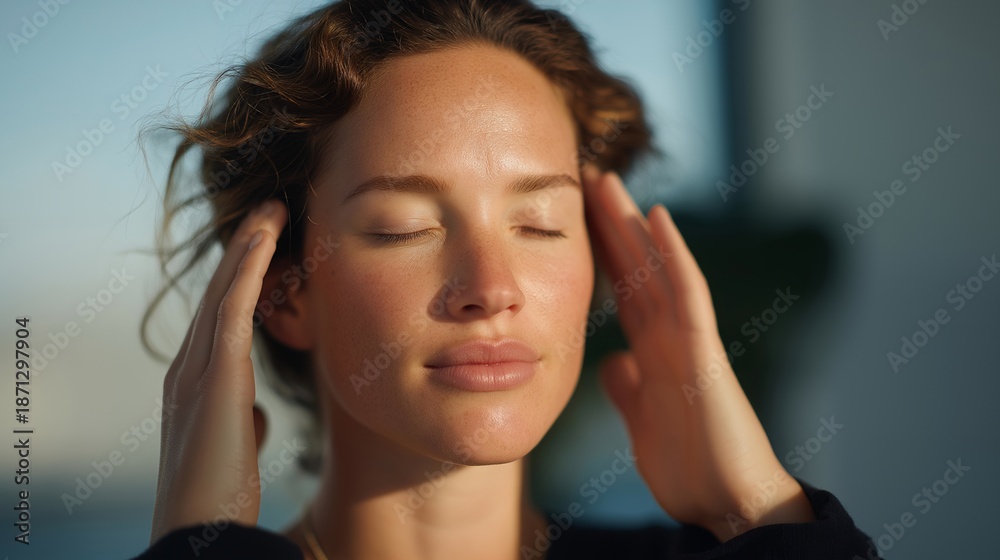 Fototapeta premium Light therapy for mental wellbeing featuring person exposed to bright light, stress relief, emotional balance, seasonal depression support, peaceful setting and holistic health concept cinematic