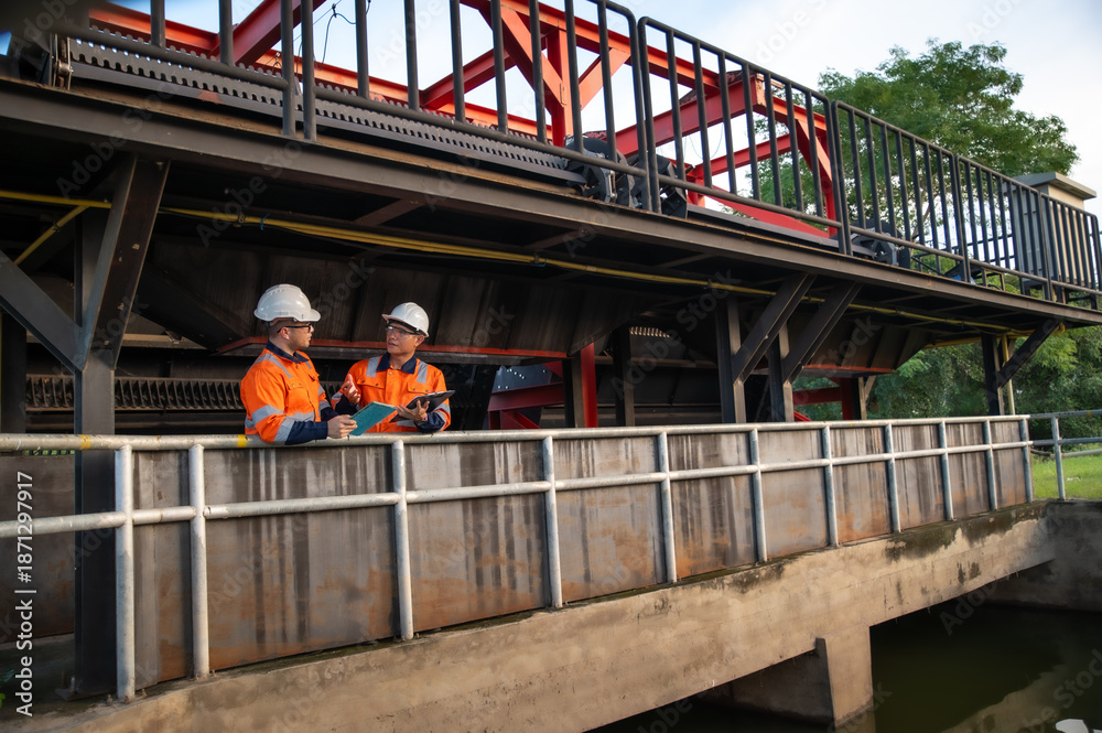 Naklejka premium Professional Engineers Performing Field Inspection at Industrial Plant