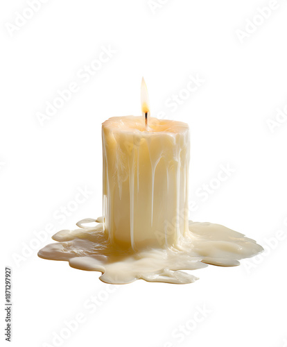 Melting candle with dripping wax isolated on white background