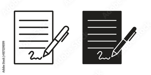 Signed contract icons in black glyph and liner versions for design.
