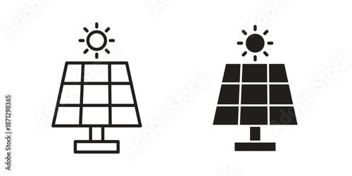 Solar panel icons in black glyph and liner versions for design.