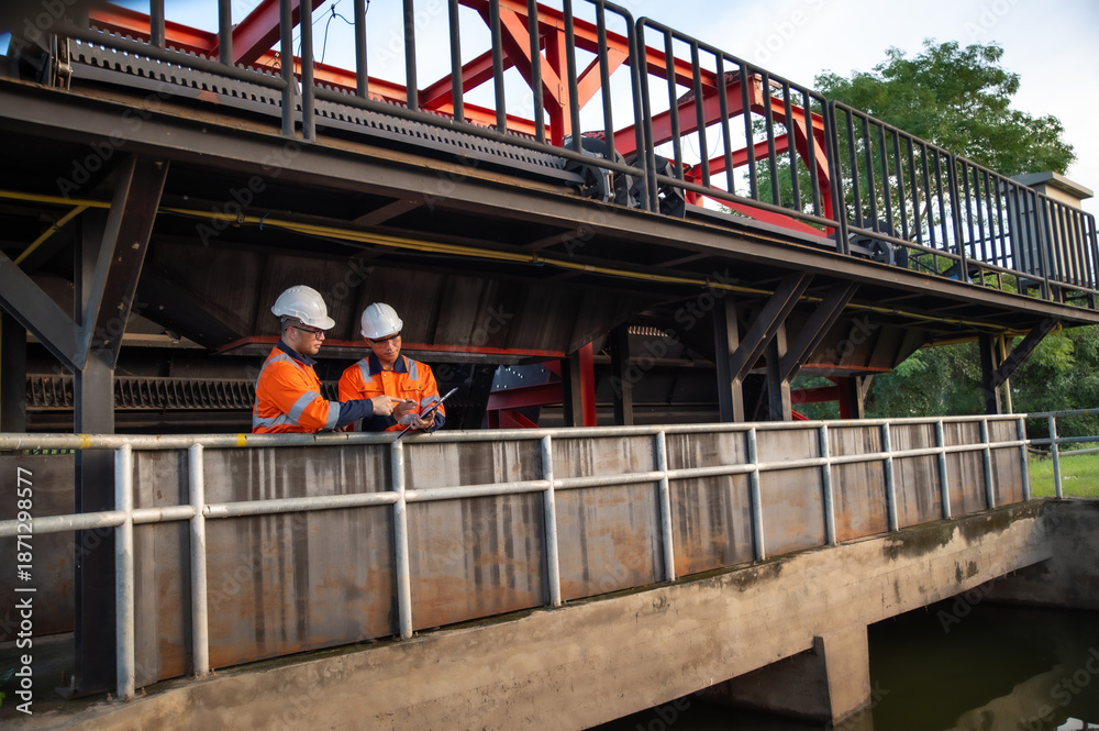 Naklejka premium Professional Engineers Performing Field Inspection at Industrial Plant