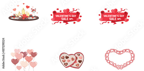 Valentine's Day romantic dinner and sale banners with hearts romance candles