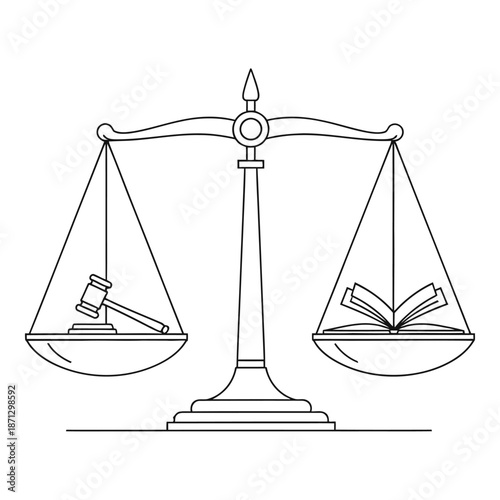 Scales of justice with a gavel and an open book black and white