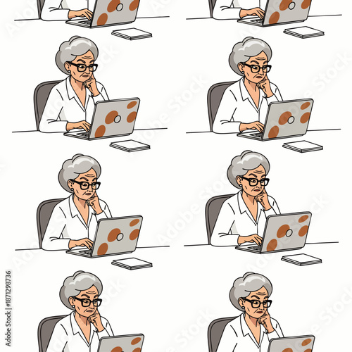 Elderly woman with glasses using a laptop computer, thinking and working at her desk, illustration
