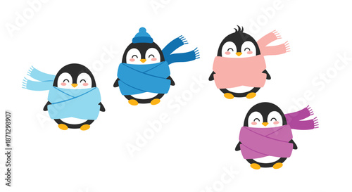 Four adorable penguins are wrapped in colorful scarves and wearing winter hats on a plain white background for the holidays.