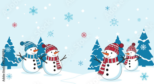 Two pairs of cheerful snowmen wearing red and blue winter accessories are standing in a snowy field with trees.