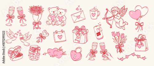 Coquette elements for Valentine's day decorated with whimsical bows, ribbons and heart. Cupid, flowers, cake, toy bear, cocktail, rose, tulips. Vintage hand drawn line art vector illustrations. 