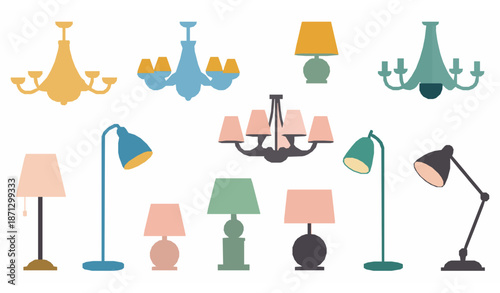 Trendy flat cartoon lamp vector collection with chandelier floor and table lights