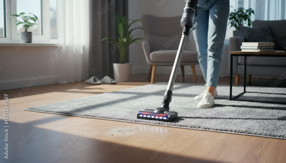 Fototapeta premium Woman cleaning living room floor with a modern cordless stick vacuum cleaner, demonstrating efficient home care and hygiene