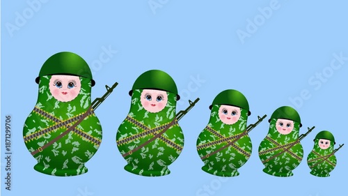 An army of wooden nesting dolls in military uniform. Animation, presentation.