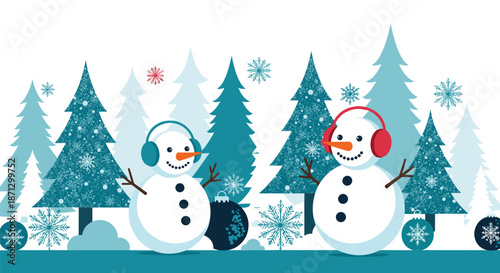 Two cheerful snowmen wearing earmuffs are standing in a winter forest with many pine trees and blue snowflakes.