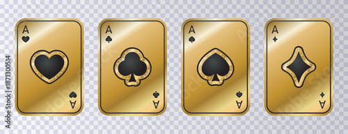 Set of golden playing cards isolated on transparent background. Ace of spades, clubs, hearts and diamonds. Golden gaming cards with black elements and diamonds. Gambling games symbols set.Vector