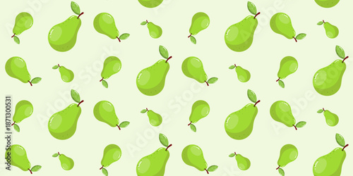 Vibrant seamless pattern with pear on light green background.  Repeated pattern with fruits. Flat cartoon style. Background for design, fabric,  textile, cooking decorations, decor, wrapping paper. Ve