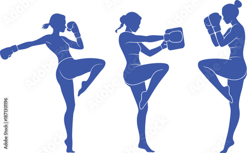 Three blue silhouettes of women boxing woman