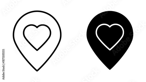 Outline and Solid Heart Location Pin Icons on White
