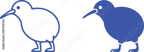 Blue kiwi bird outline and solid silhouette animal