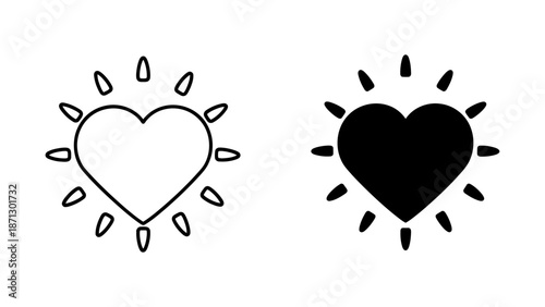 Black and White Heart Symbol with Radiating Sunburst Elements