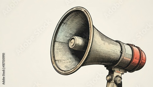 Vintage styled illustration of a classic megaphone or bullhorn with a red band isolated on a clean light background