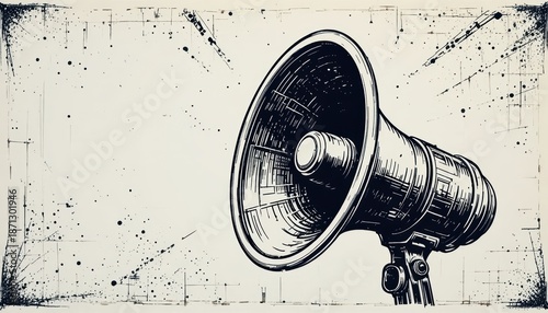 Black and white graphic drawing of a classic megaphone on a distressed background Ink splatters and lines