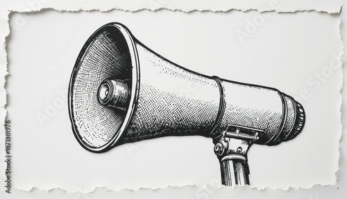 Classic black and white halftone illustration of a vintage megaphone with distressed paper edges