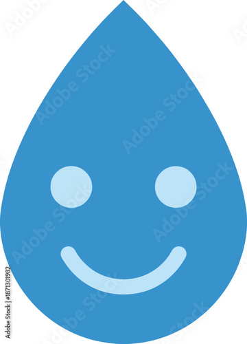 Cute blue water drop character with happy smiley face for nature ecology concept or hygiene cleaning product mascot design element icon symbol sign isolated object for fresh aqua art.