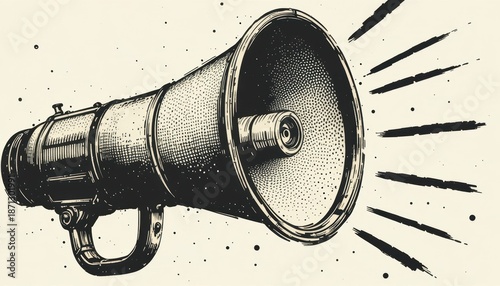 Vintage etching of a megaphone with radial lines emanating on a textured speckled off white background