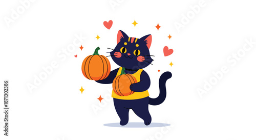 Adorable black cat wearing a yellow tank top happily holds two large orange pumpkins on a clean white background.