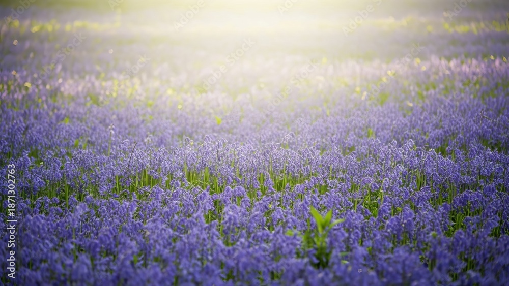 Fototapeta premium Field of bluebell flowers in full bloom with sunlight. Spring landscape natural background for environmental protection.