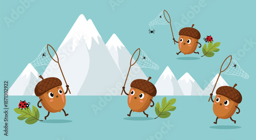 Multiple cute acorn characters are running across a field catching small black spiders with nets in the mountains.