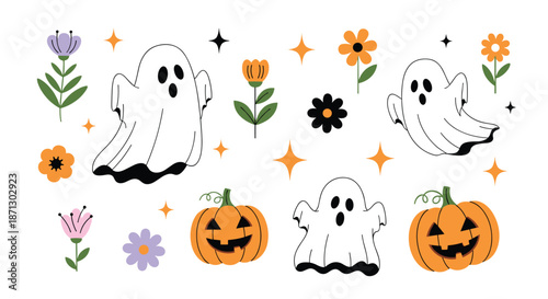 Whimsical collection of white ghosts, carved pumpkins, colorful flowers, and bright stars are arranged on white.